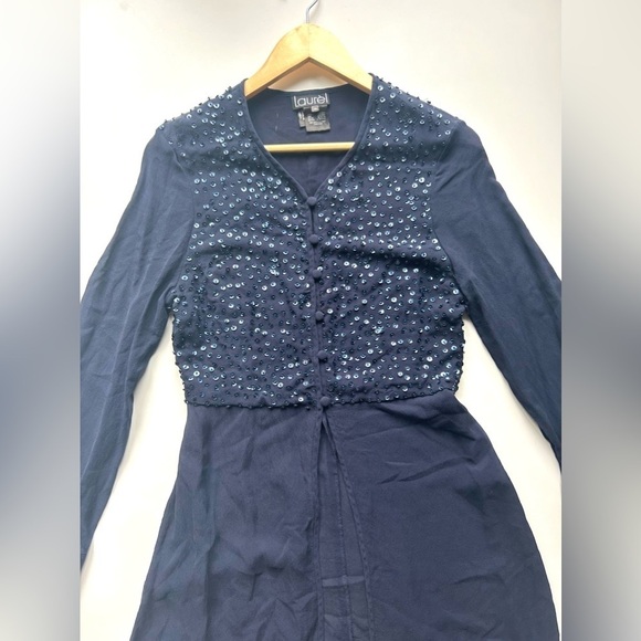 Laurel 100% silk top sequins tunic flowy  navy blue size 38 - Picture 2 of 9